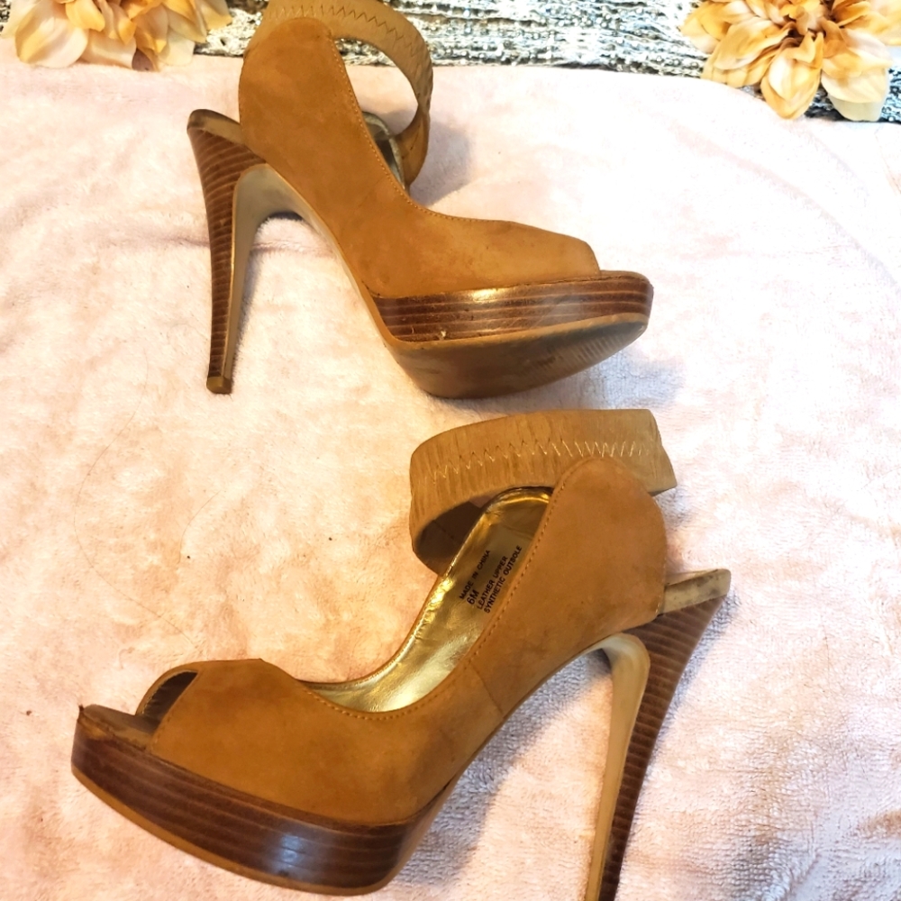 Bakers Tan Suede Peep-Toe Platform Heels